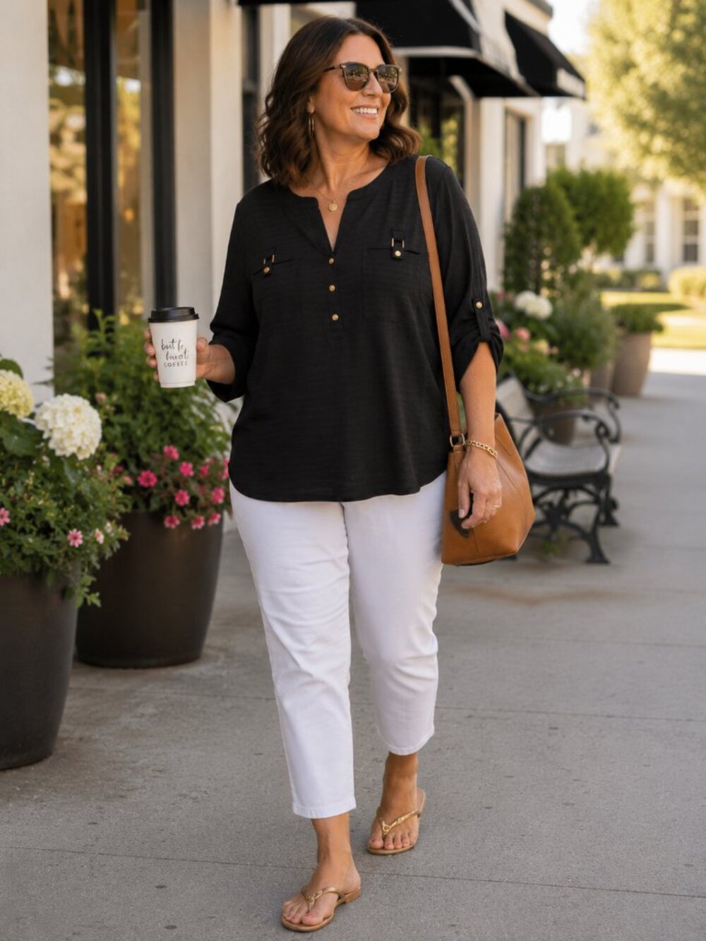 89th & Madison Black Textured Top Plus Size 2X Roll Tab Sleeve Stretch Blouse